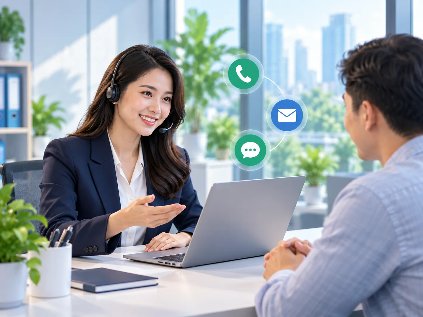 Chuyên viên hỗ trợ khách hàng qua điện thoại, chat và email
